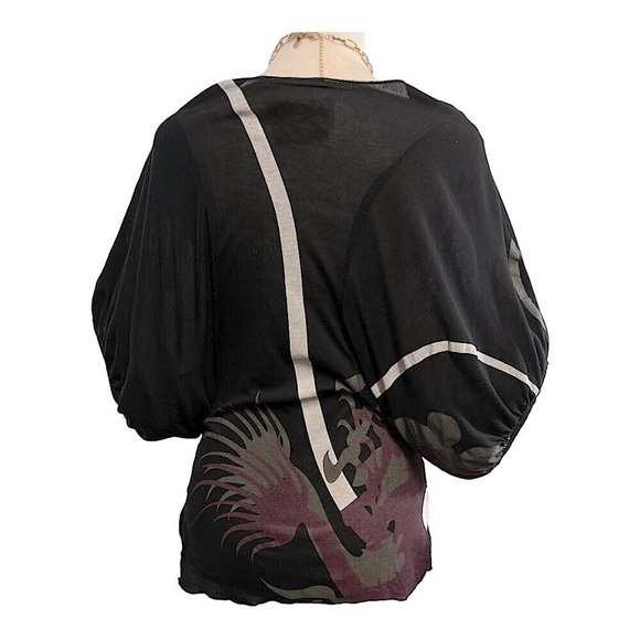 Burgundy Sequined Dragon Scoop Neck Puff Short Sleeve Top SZ S - Picture 3 of 12